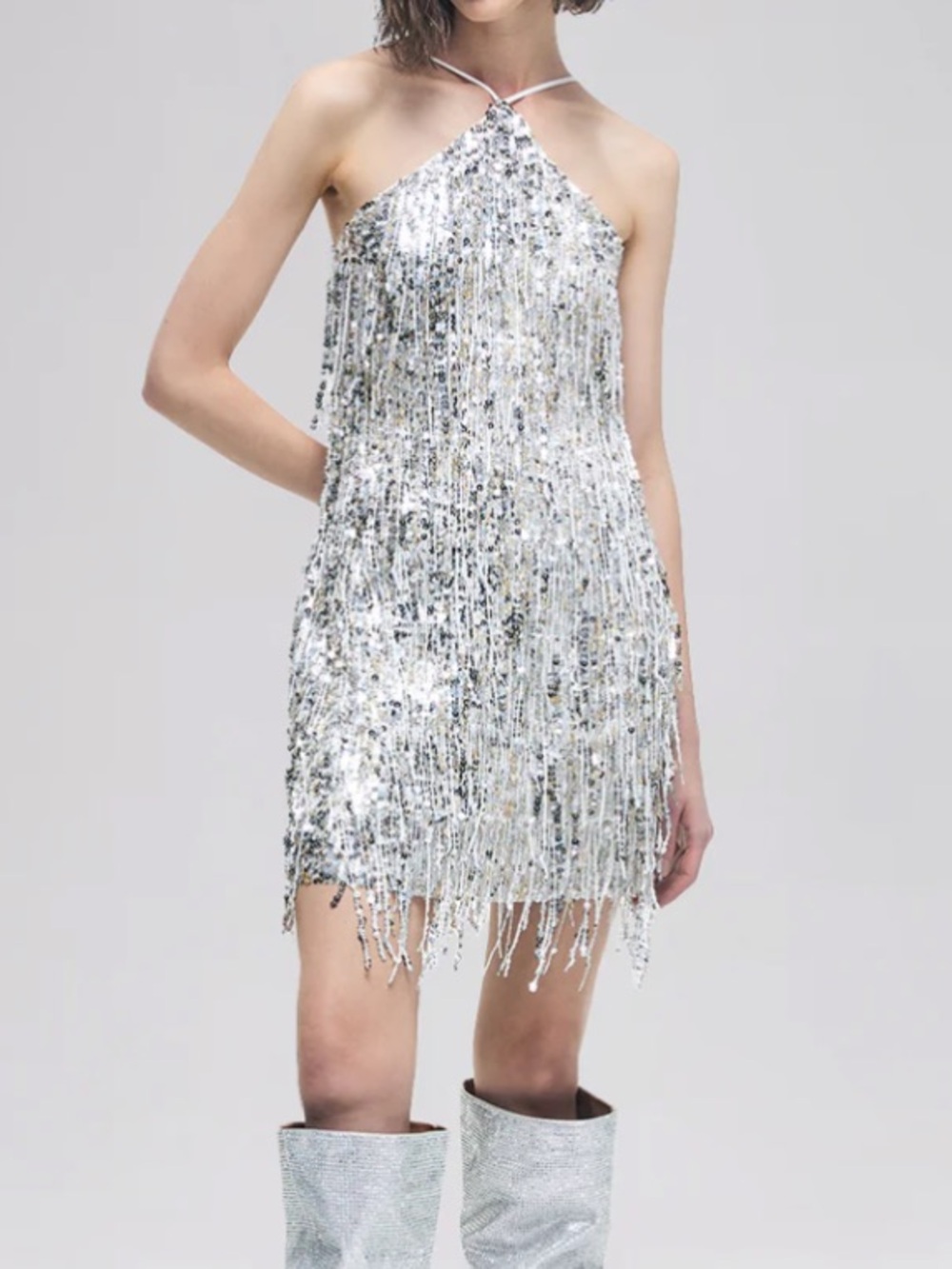 Rich Radi Q’s Tassel Sequin Halter Mini Dress Silver S Party Reception Cocktail